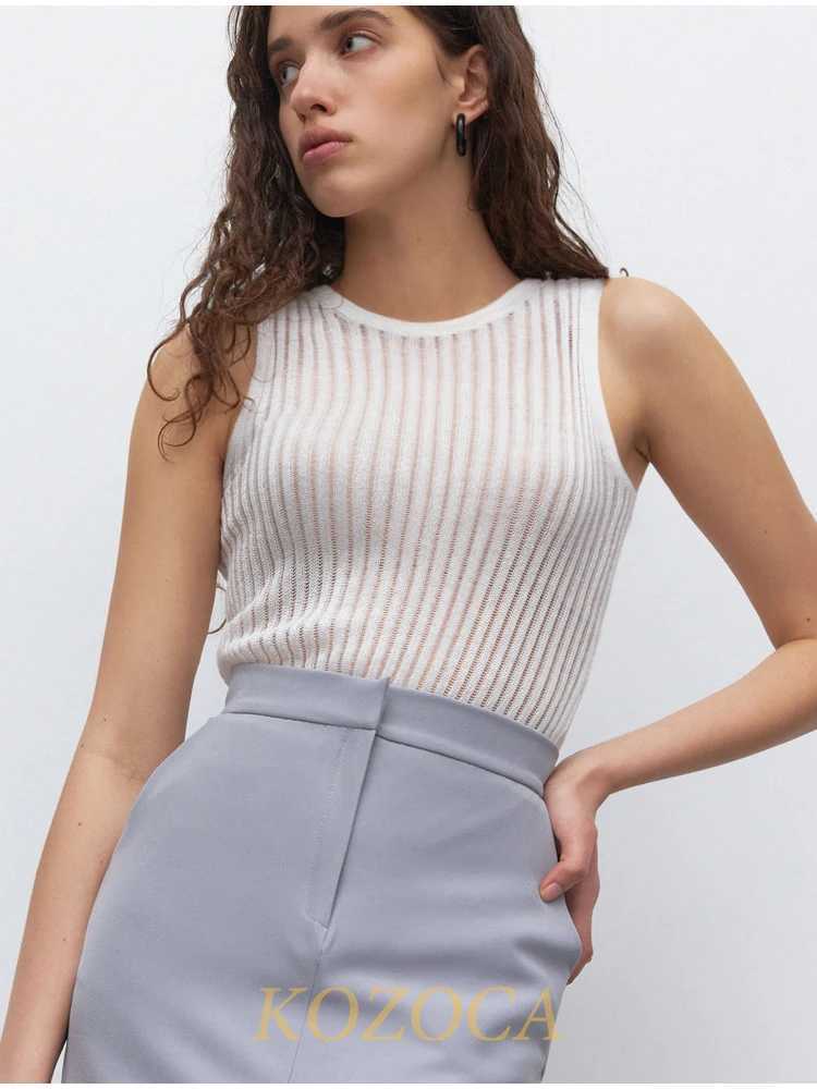 Kozoca 100% Wool Chic Solid Tanks Elegant Striped See Through Hollow Out Women Tops Sleeveless Elastic Tops Club Party Clothes M250513