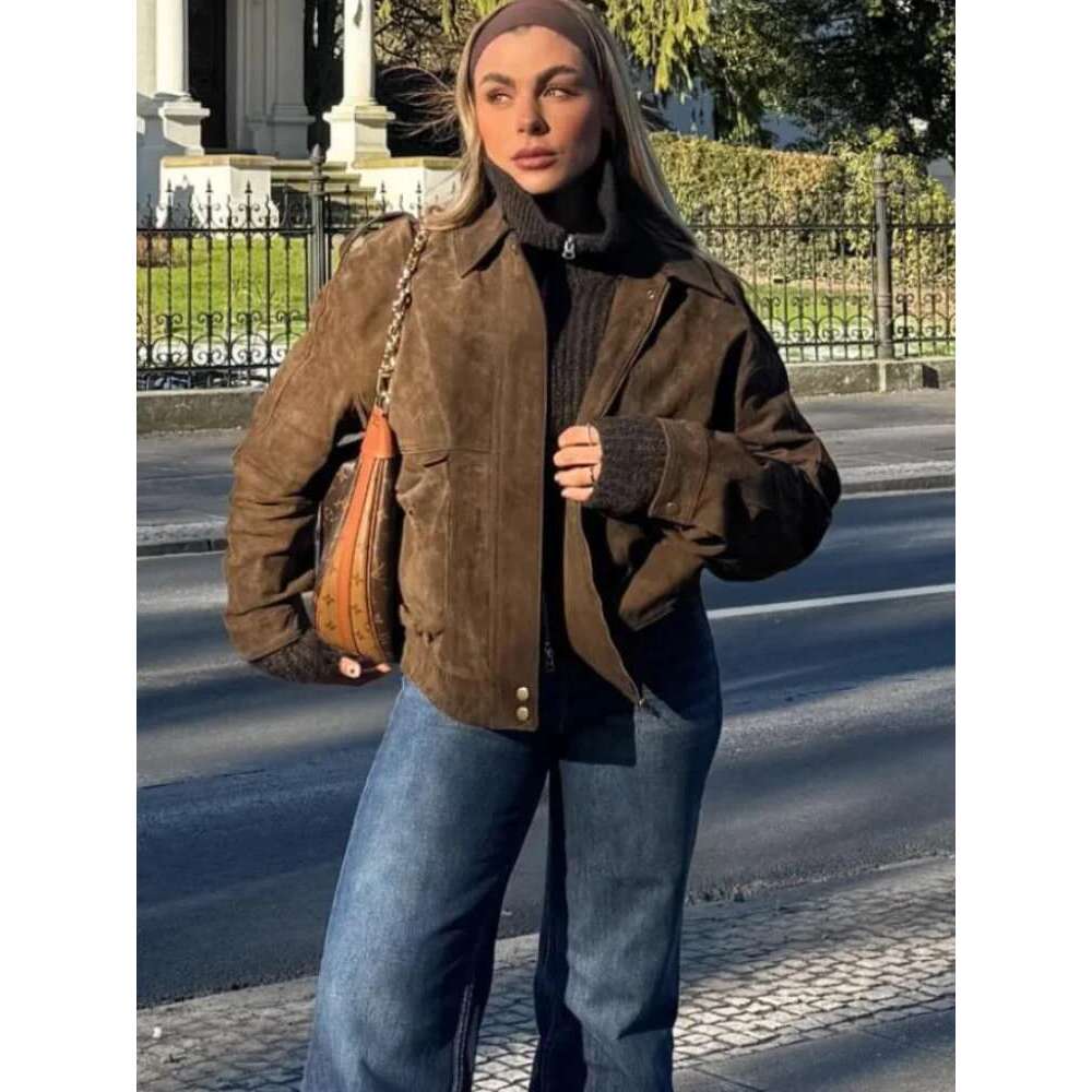 Suede Leather Jacket Coat Vintage Brown Maillard Pocket Lapel Casual Loose Bomber Jackets Motorcycle Style Silhouette Outwear