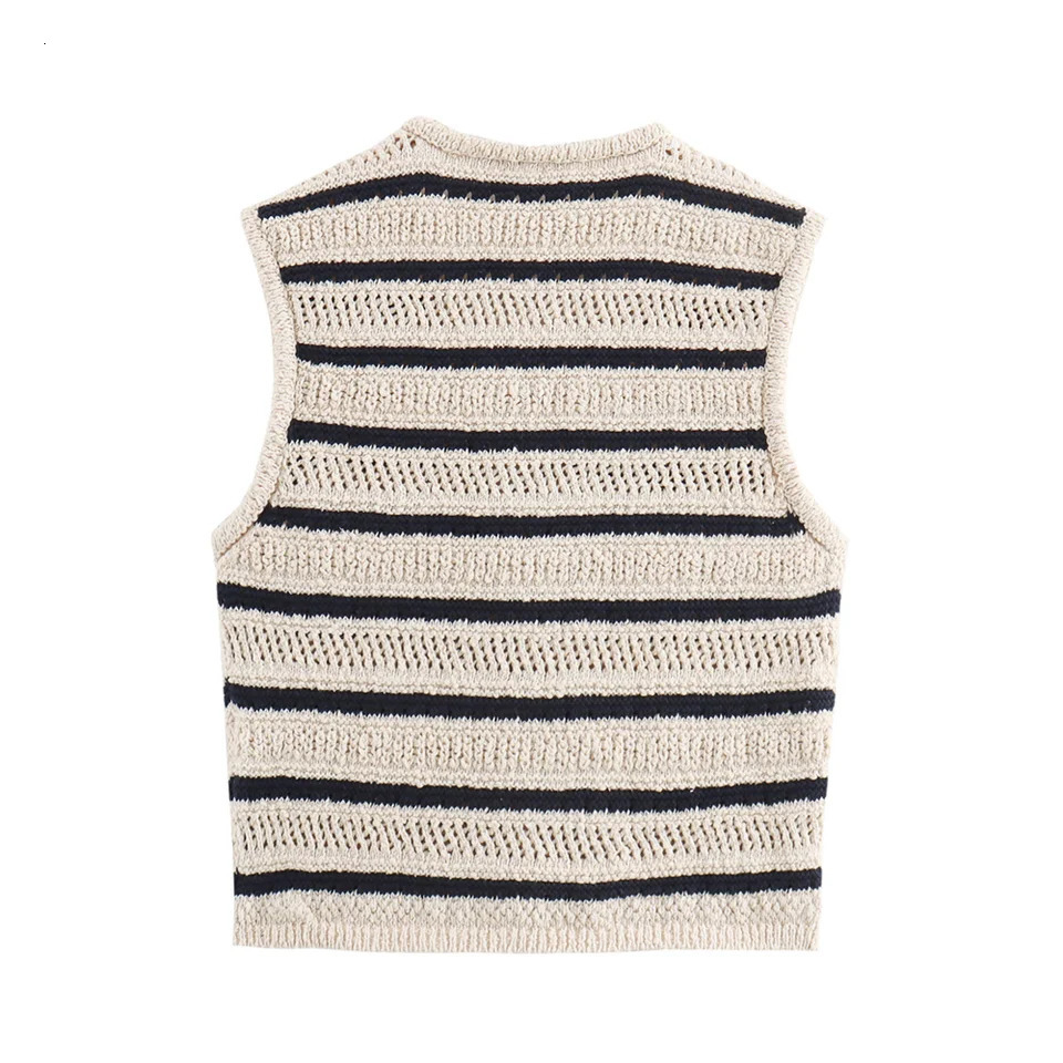 PB ZA2024 Autumn Womens Fashion Warm and Slim Fit Casual Vneck Striped Splicing Tank Top 250506