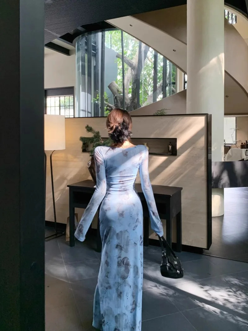 Pure Desire Long Sleeve VNeck Tie Dye Net Yoke Womens Dress Sexy Hollow Out WaistFitted Slims Smooths Your Silhouette Elegant 250513