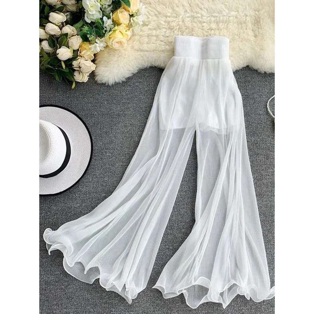 ZOKI Women Flare Loose Gauze Elastic High Waist Ruffle Chiffon Ladies Trousers Fashion Black White Summer Female Pants New