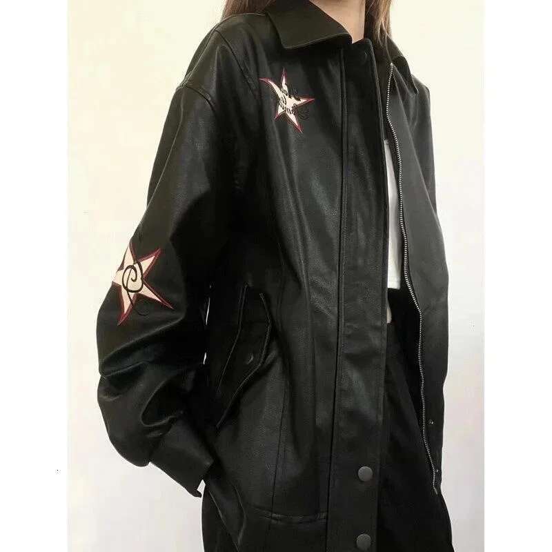 Unisex Star Print PU Leather Retro Jacket Turn Down Collar Zipper Streetwear Outwear Embroidered Oversized Gothic Coat for Women
