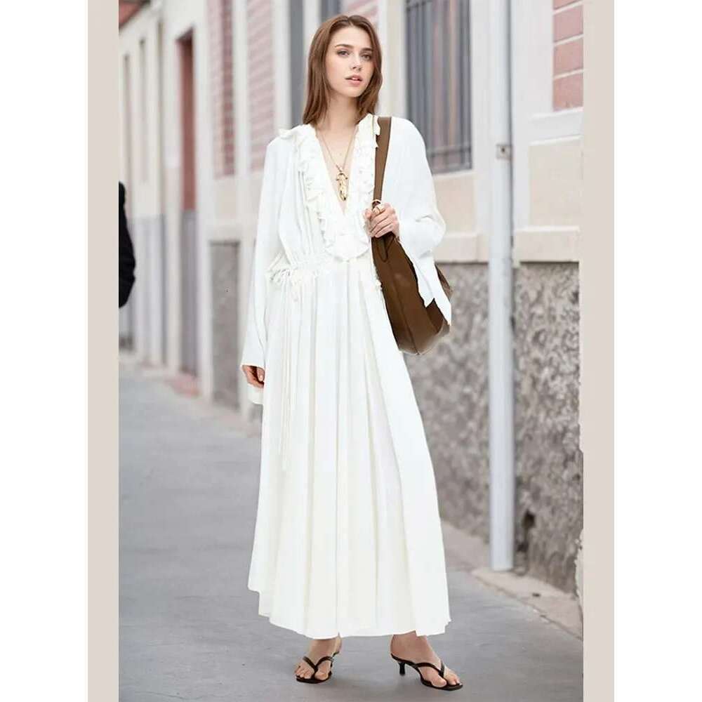 Elegant White Ruffles V-neck Maxi Dress Women Fashion Long flare Sleeve High Waist Loose Vestidos 2025 New Lady Street Dresses