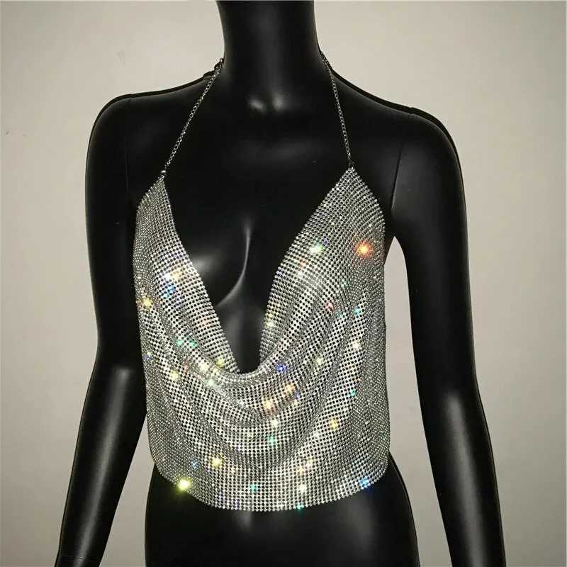 Festival Brilliant Rhinestone Backless Party Crop Top Women 2025 Summer Glitter Evening V Neck Diamonds Metal Tank Tops M250513