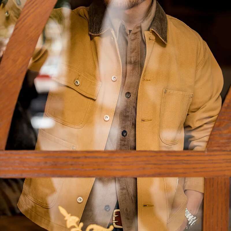 Maden Vintage Heavyweight Michigan Chore Jackets Multi-Pocket Canvas Hunting Coat for Men's Spring Loose Lapel Collar Outwear