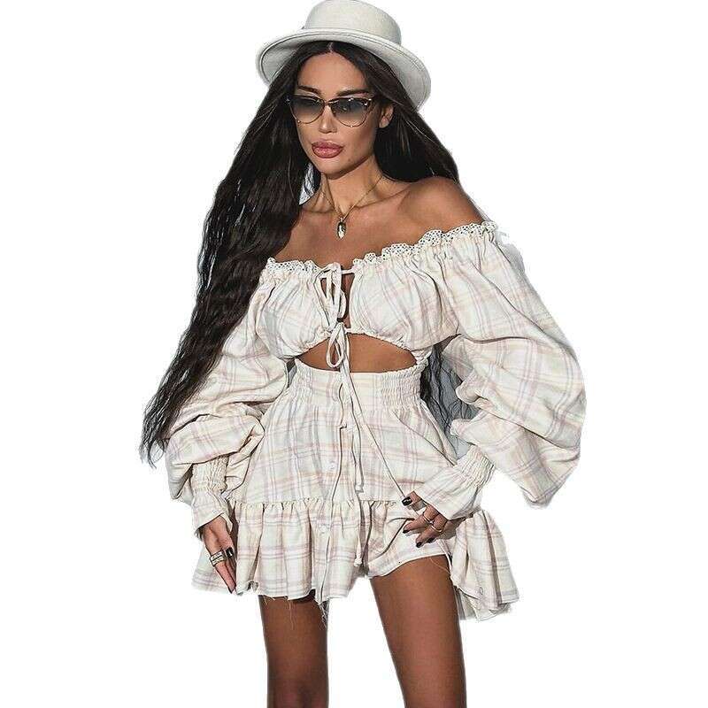 Women's Spring New Sweet Printed One Shoulder Hollow Lace Lantern Sleeve Dress B5