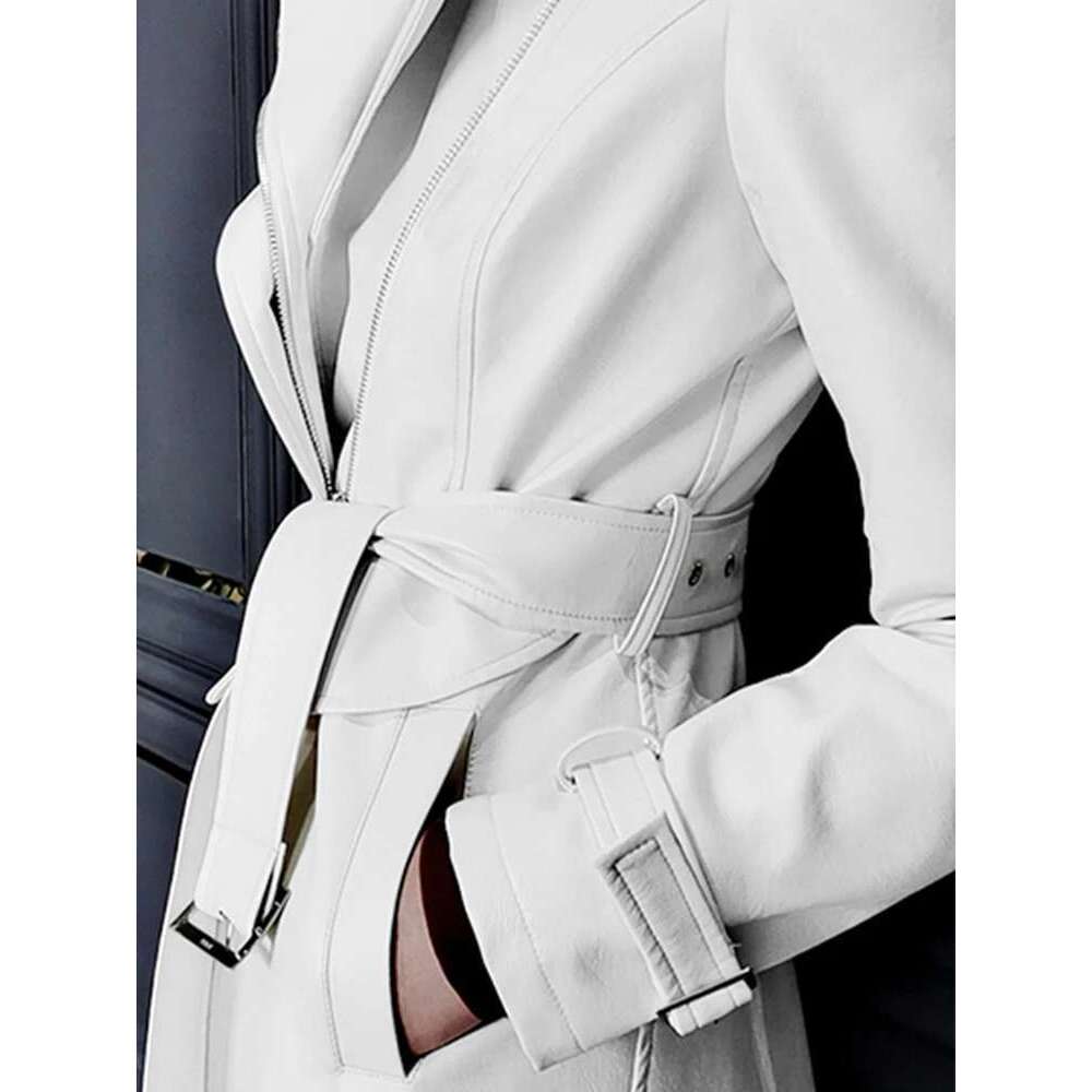 Nerazzurri Spring Runway White Leather Trench Coat for Women Long Sleeve Elegant fashion Womens Coats 2021 Designer