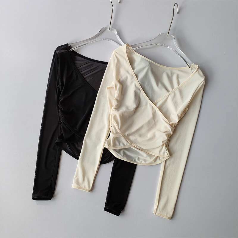 Sports T-shirt V-neck Mesh Breathable Prati Yoga Suit Cross Cover Long Sleeved Shirts Running Training Fiess Top Clothing