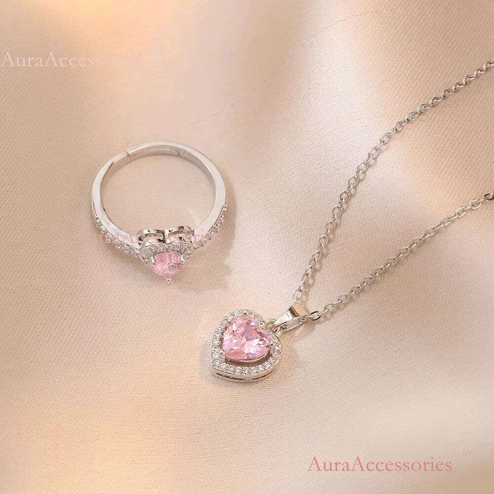Fine Jewelry Set Sier Solid Pink Heart Pendant Necklace and Earrings for Parties