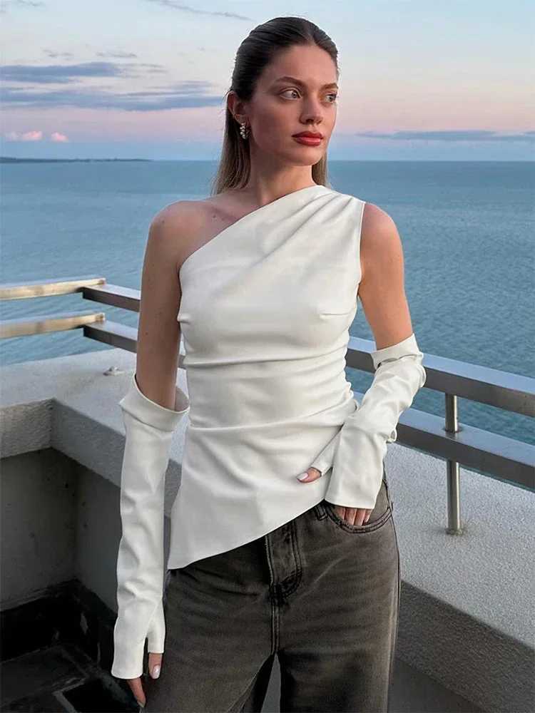 Trendix Slant Collar PU Top Sexy Asymmetrical Off Shoulder Slim Streetwear Tanks Fashion Elegant One Shoulder Vest Clubwear M250513