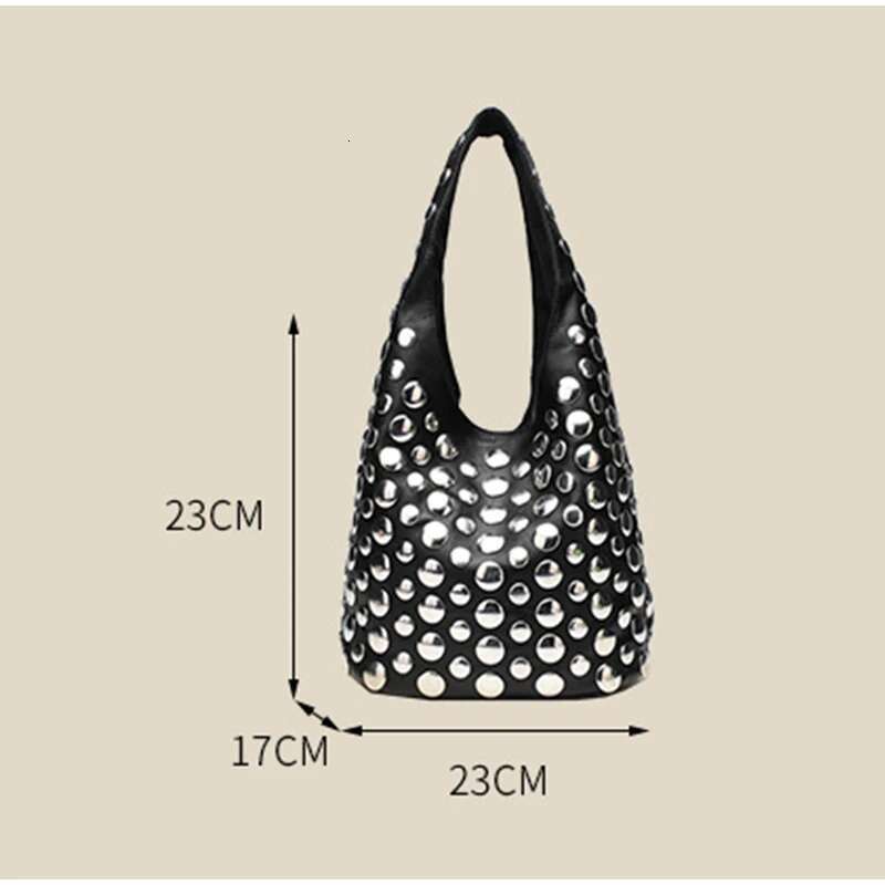 Heavy Tide U-Shaped Underarm Punk Style Fashion Women Casual Personality Cool Polka Rivet Portable Bucket Bag