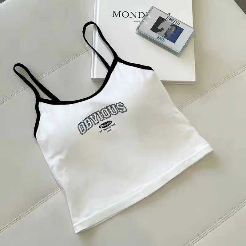 Women With Padded Bra Crop Tops O-neck Solid Crop Tops Summer Letter Printing Tops Spaghetti Camisole M250513