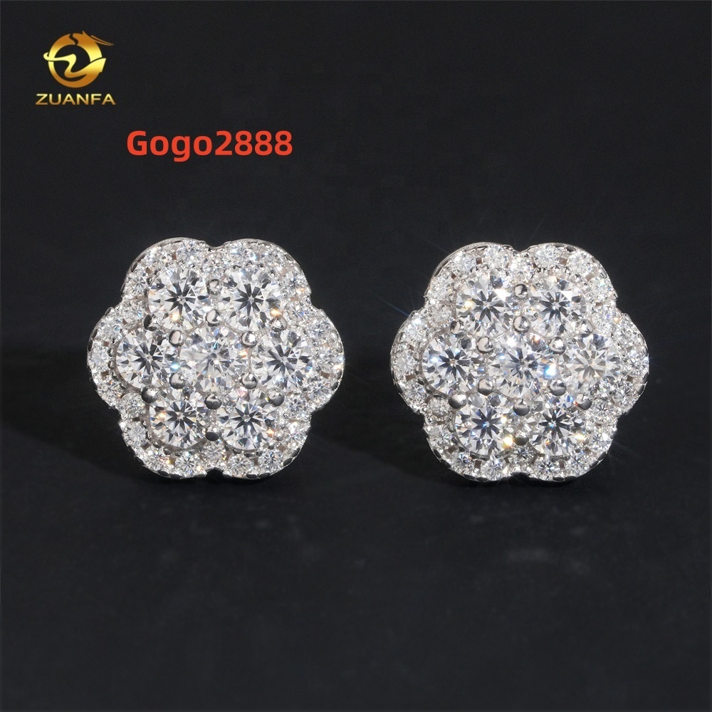 Hot Sale High Quality Cheap Price Hip Hop Style Iced Out 925 Silver Flower Cluster Men Moissanite Earrings