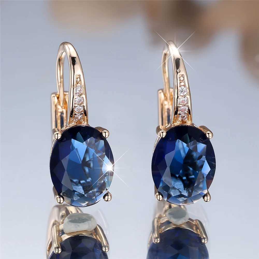 Trendy Crystal Blue Zircon Oval Stone Hoop Earrings For Women Vintage Gold Color Wedding Jewelry Y250510