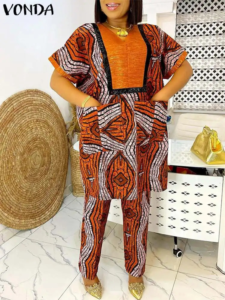 Size 5XL Womens Summer Printed Casual Pants Set VONDA 2024 Retro Short Sleeve Top Loose Two Piece 250427