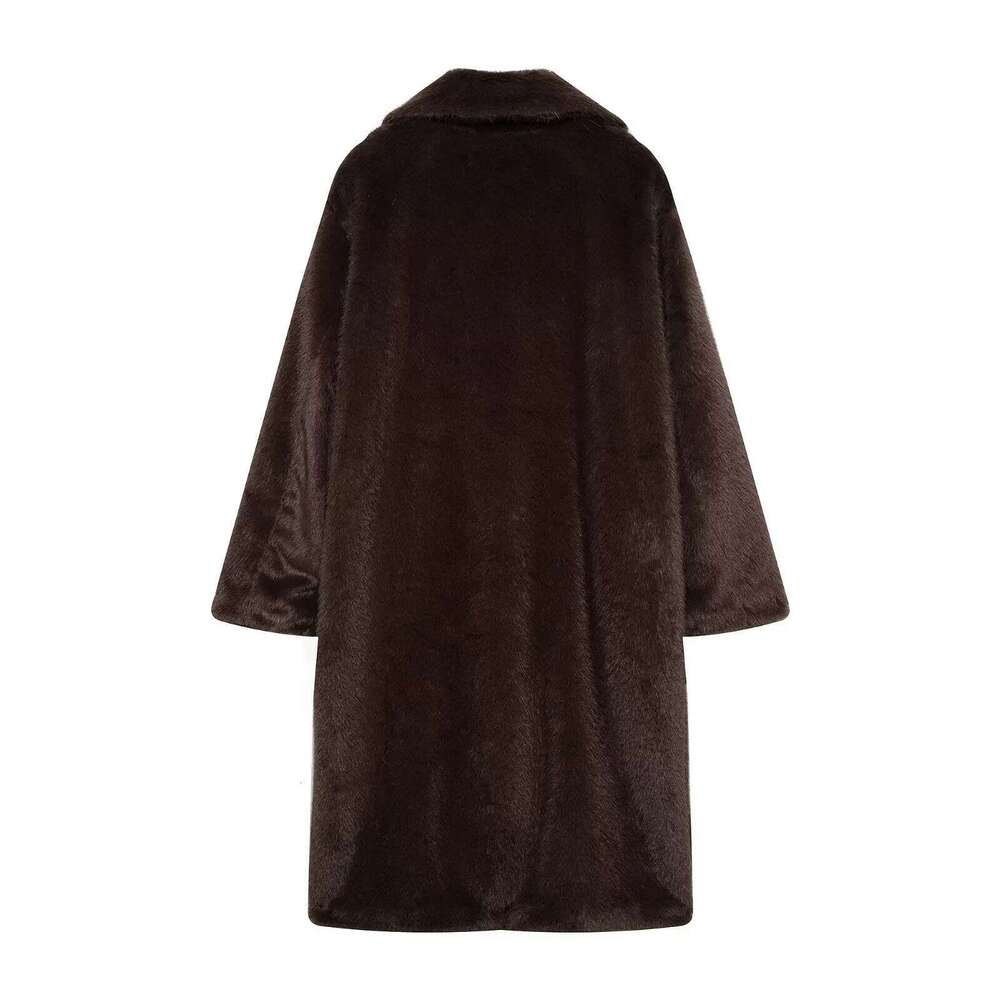 Women's Fall Winter Faux Fur Long TRAFZA Vintage Lapel Buttons Loose New 2025 Fashion Casual High Street Warm Coat Designer