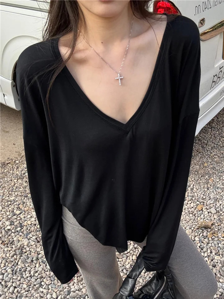 Women Oversized T Shirt Spring Summer Vneck Casual Fashion Loose Thin Long Sleeve Top Pullovers Chic White See Through Tshirt 250513