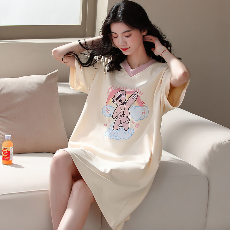 B877-Nightdress for women, summer, thin, with built-in chest pad, medium and long women's pajamas, casual, can be worn outside, home clothes