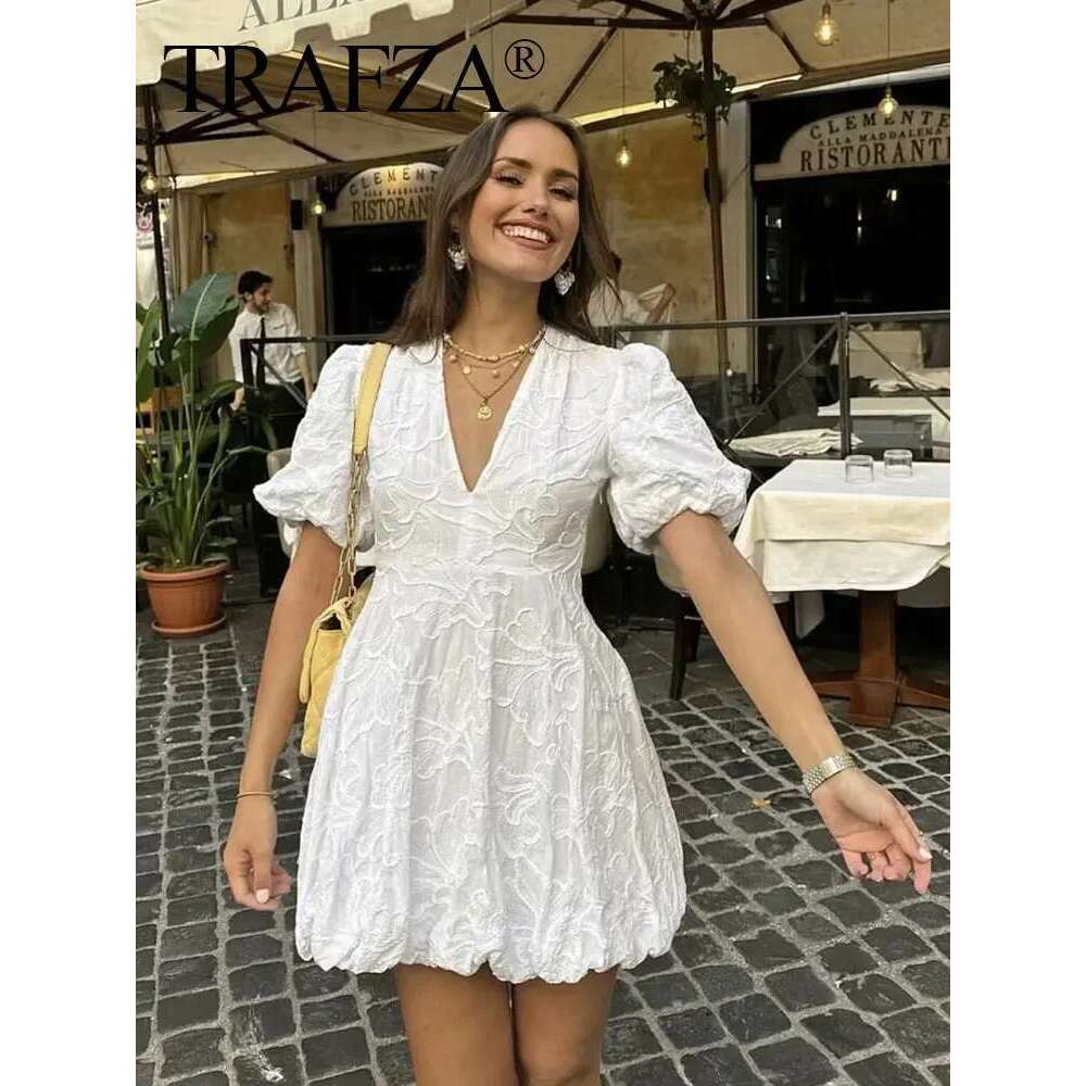 TRAFZA Women Elegant White Dress Short Sleeve V Neck Embroidered Mini Dresses Summer Female Casual Streetwear Vestidos TRAF