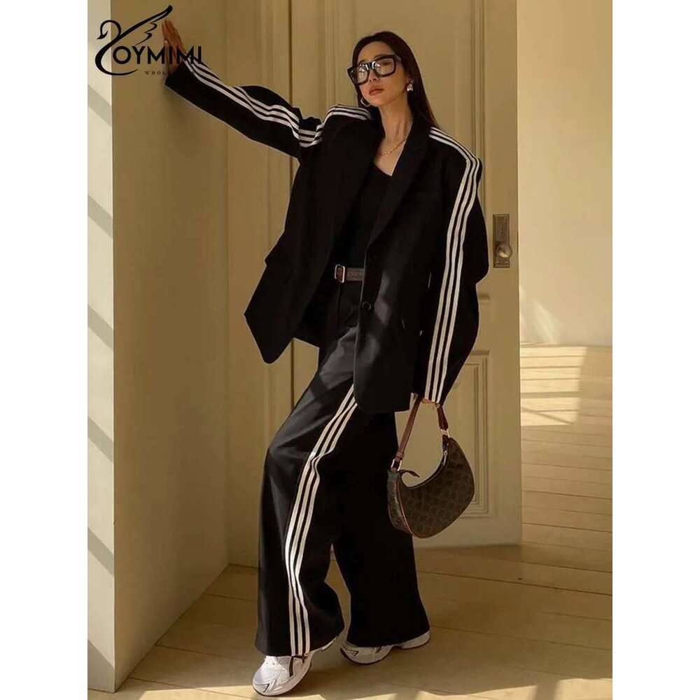 Oymimi Fashion Black Patchwork For Women 2 Pieces Elegant Long Sleeve Pockets Button Shirts And High Waist Trousers Sets