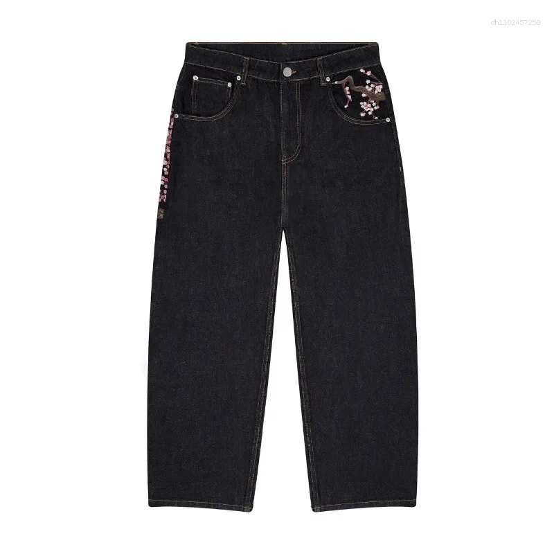 Men's Jeans Y2K Goth Vintage Plum Blossom Embroidery Harajuku Pattern Denim Fabric Wide Leg Pants American Style Men Women Street Wear