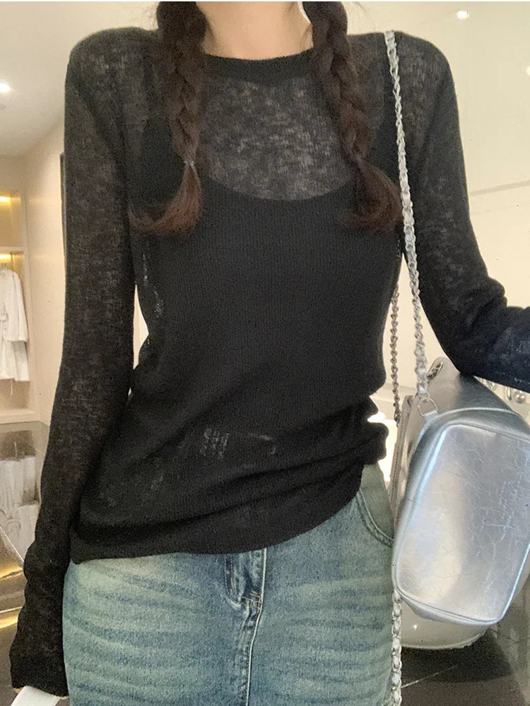 AOSSVIAO Womens White Long Sleeve TShirt Spring Summer Basic Loose Fit Fashion Sexy See through Casual Tee Femme Thin 250513