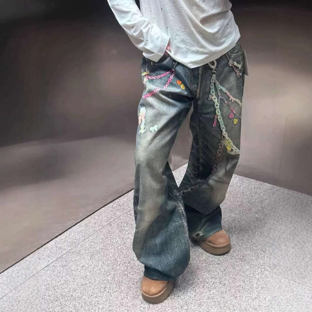 Jimo AC Spring New 3D Digital Printing Color Chain American Jeans Men and Women Same Style Curved Knife Pants
