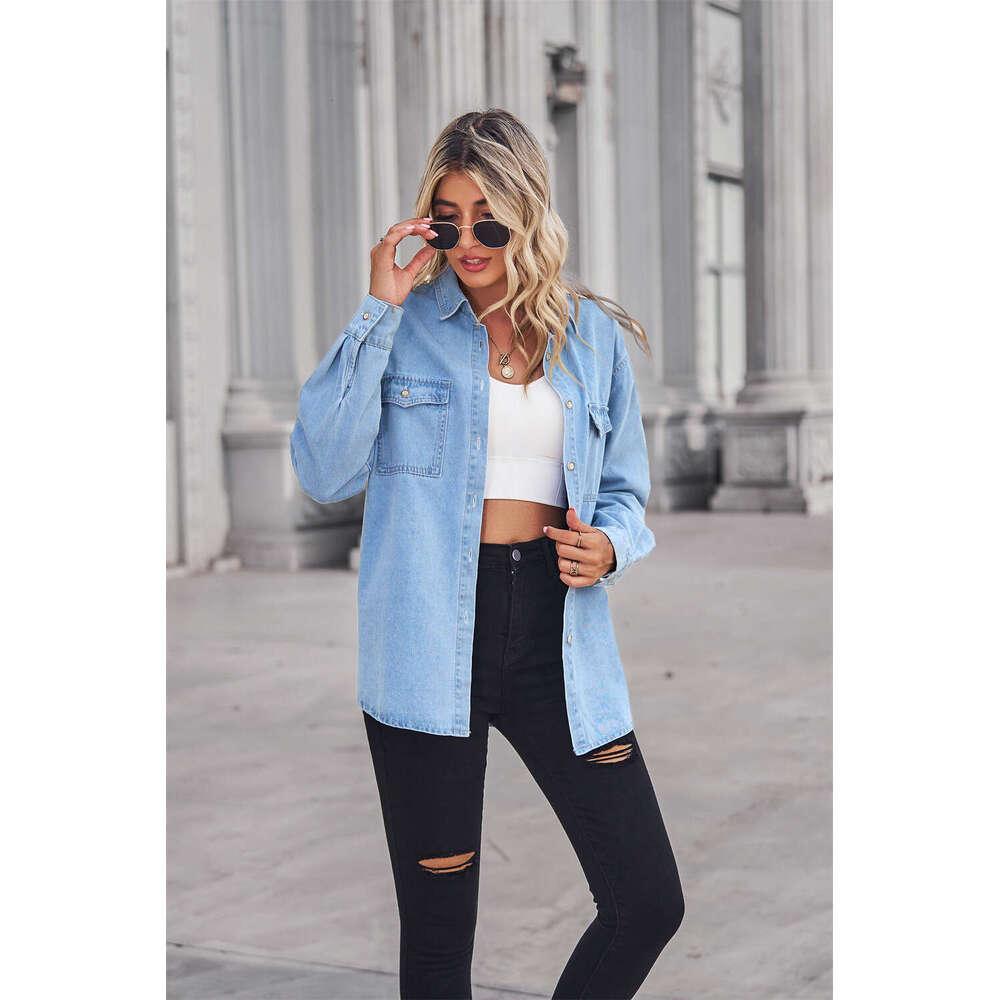 Manufacturer direct sales of European American new light colored slimming denim long sleeved shirt for women in 2025, with a unique and elegant temper