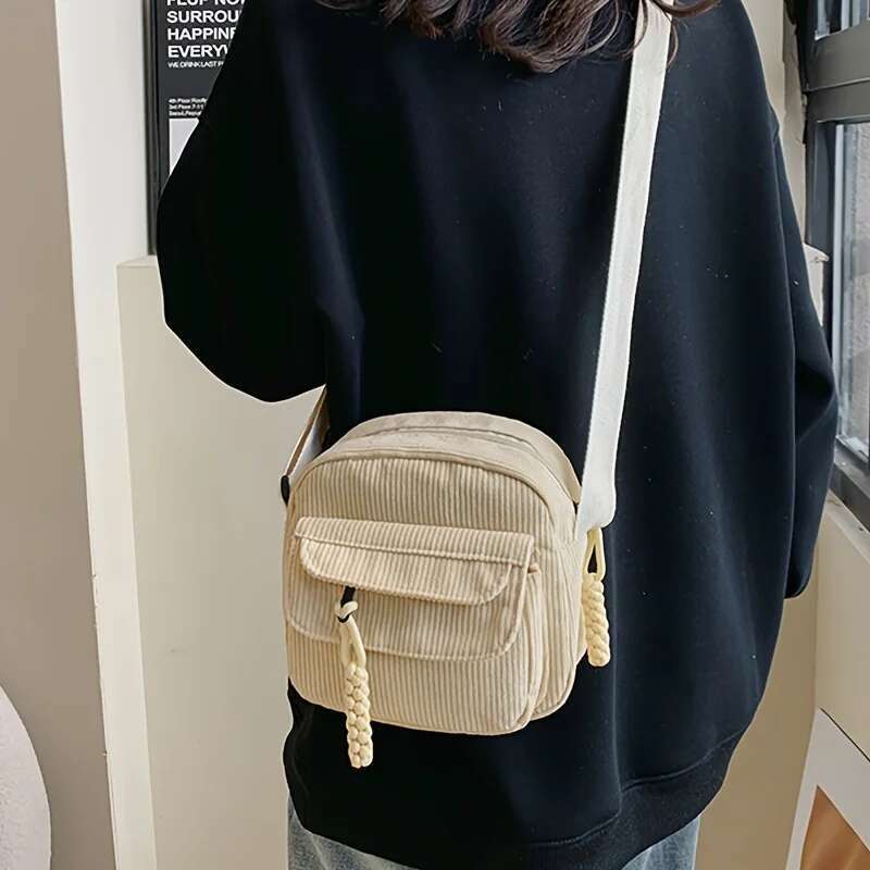 Vintage Haruku Corduroy Crossbody Bag, Casual Japanese Style Handbag Shoulder Bag With Zipper Closure,Chic Everyday Use Purse