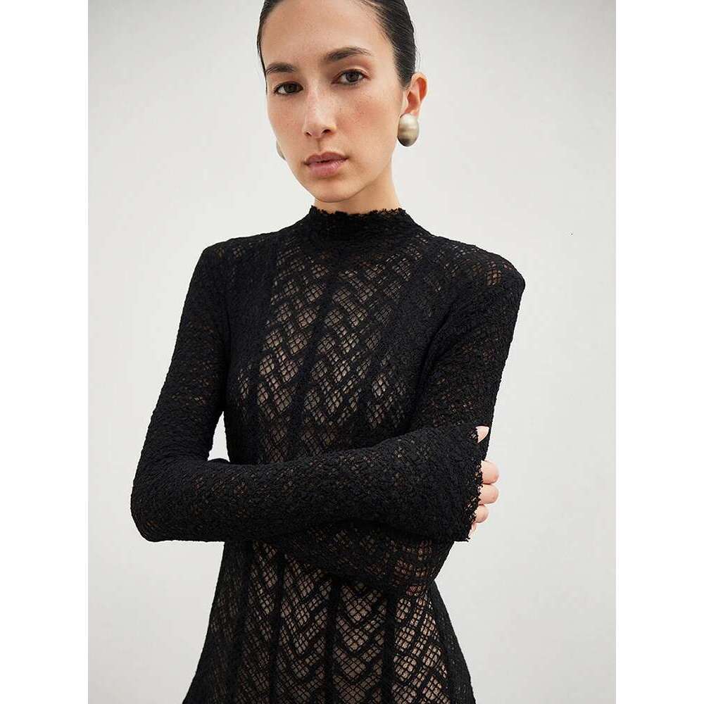 DEAT Elegant Dress Hollow Out Long Sleeve Pleated Knitted Slim Big Swing Women's Evening Party Dresses 2025 Spring New 7AB8070