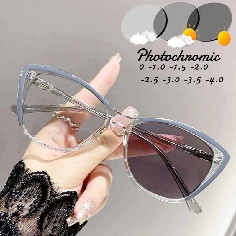Cat Eye Myopia Glasses Photochromic Anti-UV Sunglasses Blue Light Blocking Color Changing Minus Glasses with Diopters 0 To -4.0 W250513