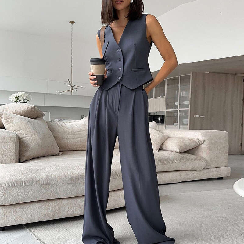 Women's Summer New V-Neck Sleeveless Vest, Hanging Wide Leg Trousers Casual Set B5