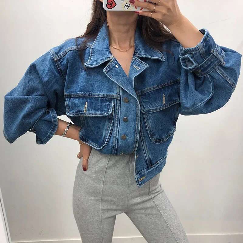 Cropped Oversized Denim Jacket Women Spring Autumn Outerwear Stylish Puff Sleeve Washed Blue Ladies Jeans Jackets Coat