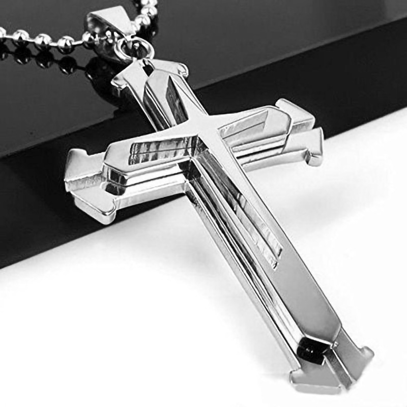 Three-Layer Stainless Steel Wave Design Jesus Cross Pendant Necklace - Unisex Titanium Alloy Religious Accessory
