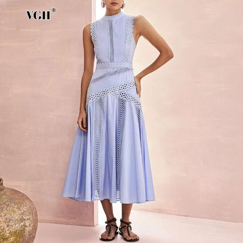 VGH Solid Embroidery Elegant Long Dresses For Women Stand Collar Sleeveless High Waist Hollow Out A Line Dress Female New