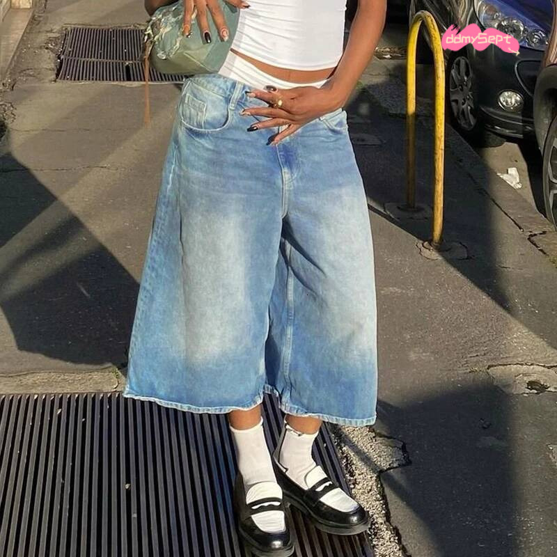 Women Bermuda Denim Shorts Boyfriend Baggy Calf Length Pants Y2k Aesthetic Wide Leg Carpenter Jean American Retro Streetwear ddmysept