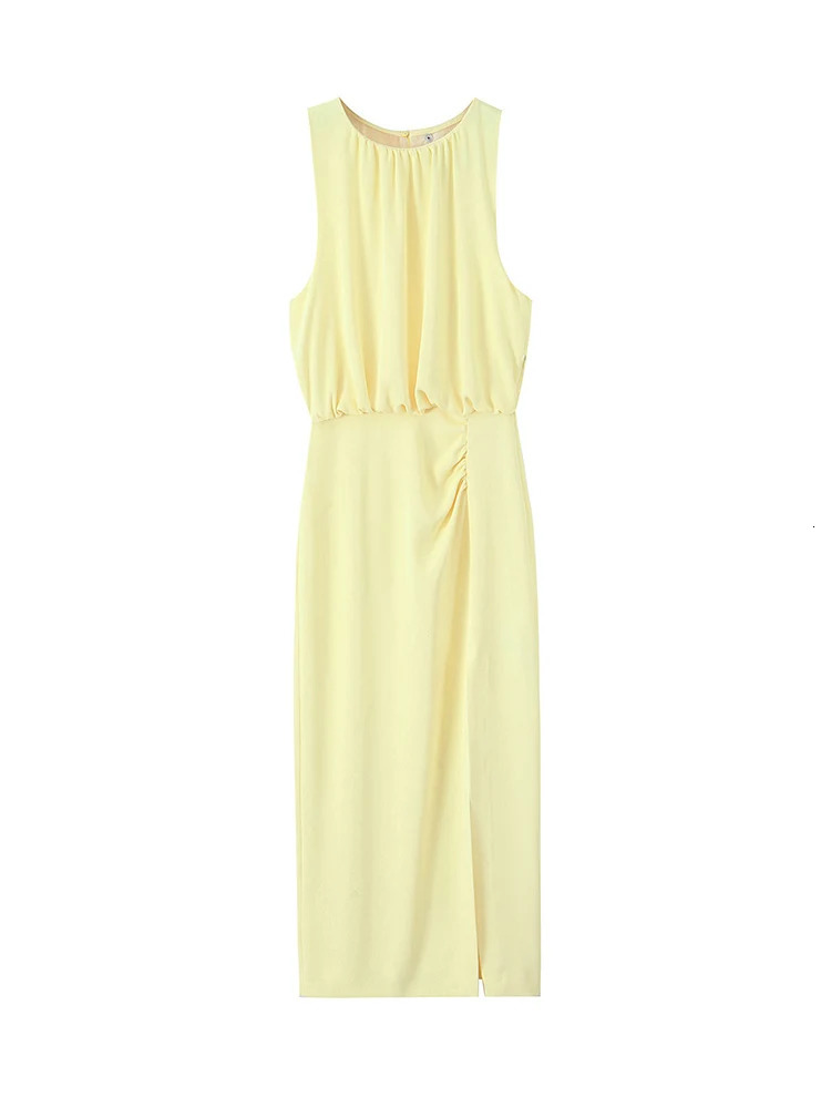 TFMLN Women Draped Long Dresses Summer Sleeveless Hem Slit Midi Female Vintage Casual Pleated Beach Dress 250513