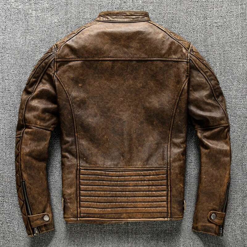 Vintage Leather Yellow Brown Thick 100% Genuine Cowhide Biker Jacket Slim Fit Men Motorcycle Coat Spring ASIAN SIZE
