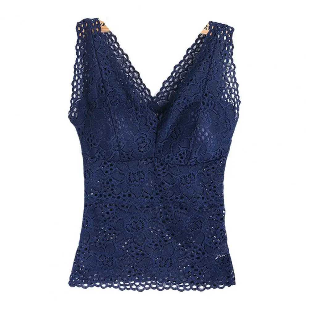 Womens Tank Top V-neck Skeleton with Pads Spaghetti Straps Sexy Lace On Bra Crochet Vest Inside Wear M250513