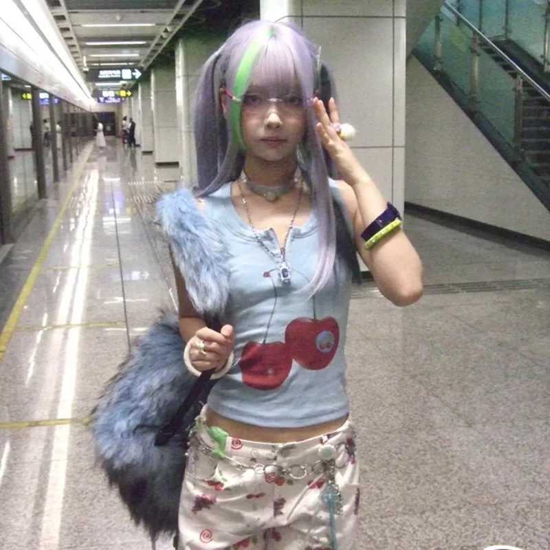 Karrram Japanese Y2k Tank Top Vintage Harajuku Ribbbed Top Trashy 2000s Zipper Tanktop Grunge Aesthetics Crop Top American Retro M250513
