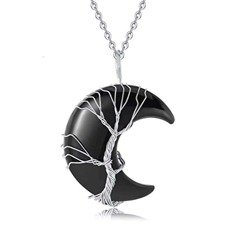 Life Tree Crescent with Metal Wire Wrapped Crystal Stone Pendant Natural Amethyst Quartz Necklace