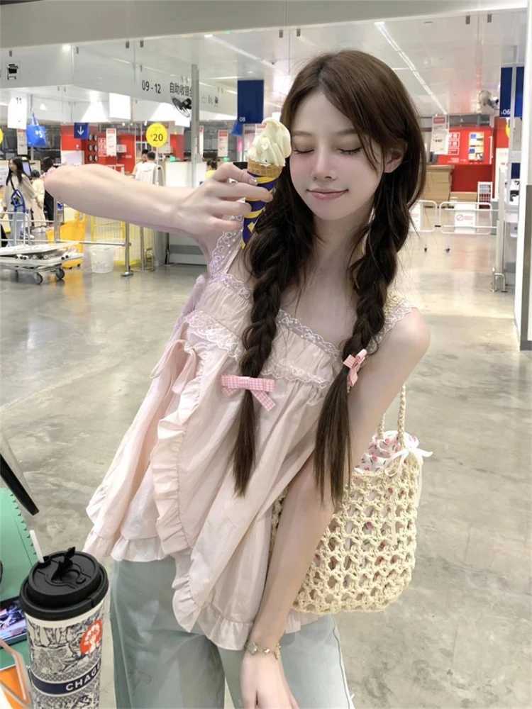 Sweet Cute Bow Tanks Womens Lace Patchwork Sling Vest 2025 Womens Clothing Irregular Ruffles Summer Camis Fashion Pink Pleated Tops M250513