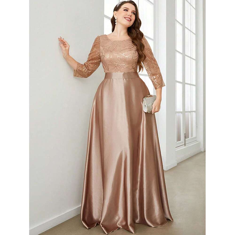 Mgiacy Crew neck sleeve sequin patchwork satin long gown ball Party Bridesmaid dress