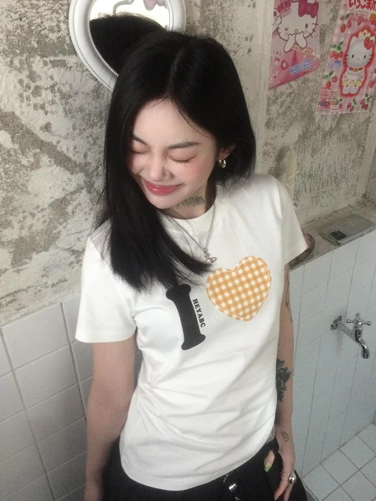 Summer Love Pattern Print Tshirt Women Short Sleeve Casual Y2k Vintage Tops Streetwear T Shirt American Fashion Tee 250513