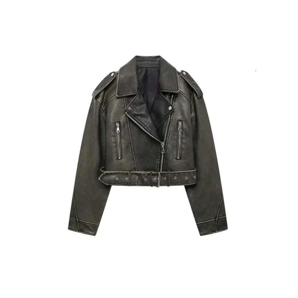TRZA-Faux Leather Moto & Biker Jacket for Women, Long Sleeve Coat, Front Zipper, Female Outerwear, Chic Tops, Fashion