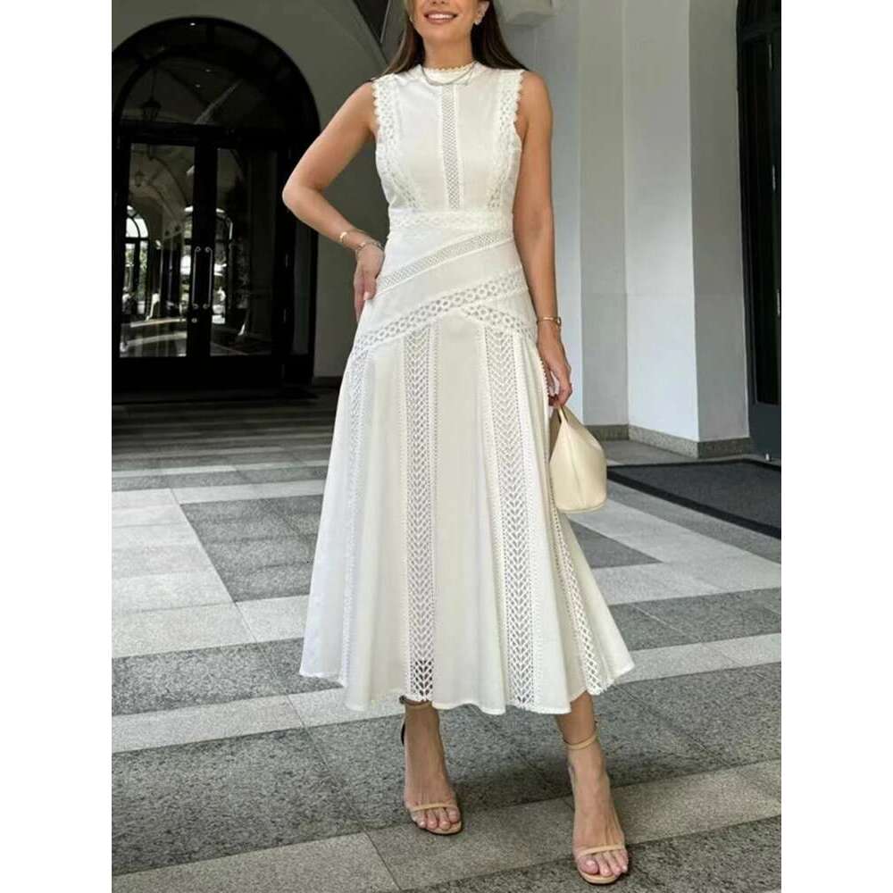 VGH Solid Embroidery Elegant Long Dresses For Women Stand Collar Sleeveless High Waist Hollow Out A Line Dress Female New