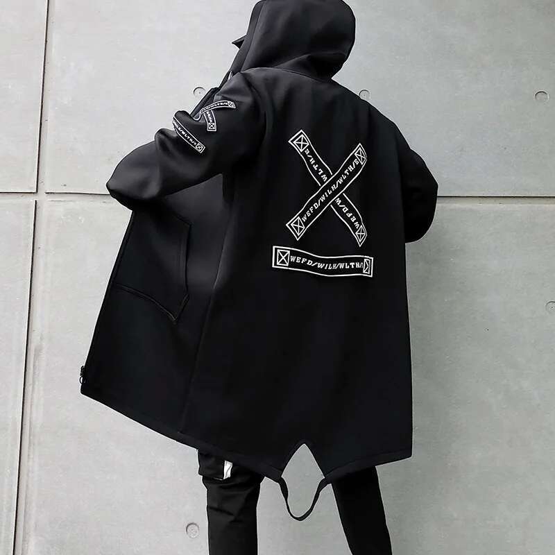 Men Trench Coat fashion Printed Streetwear Hooded Windbreaker Slim Fit Overcoat Outwear