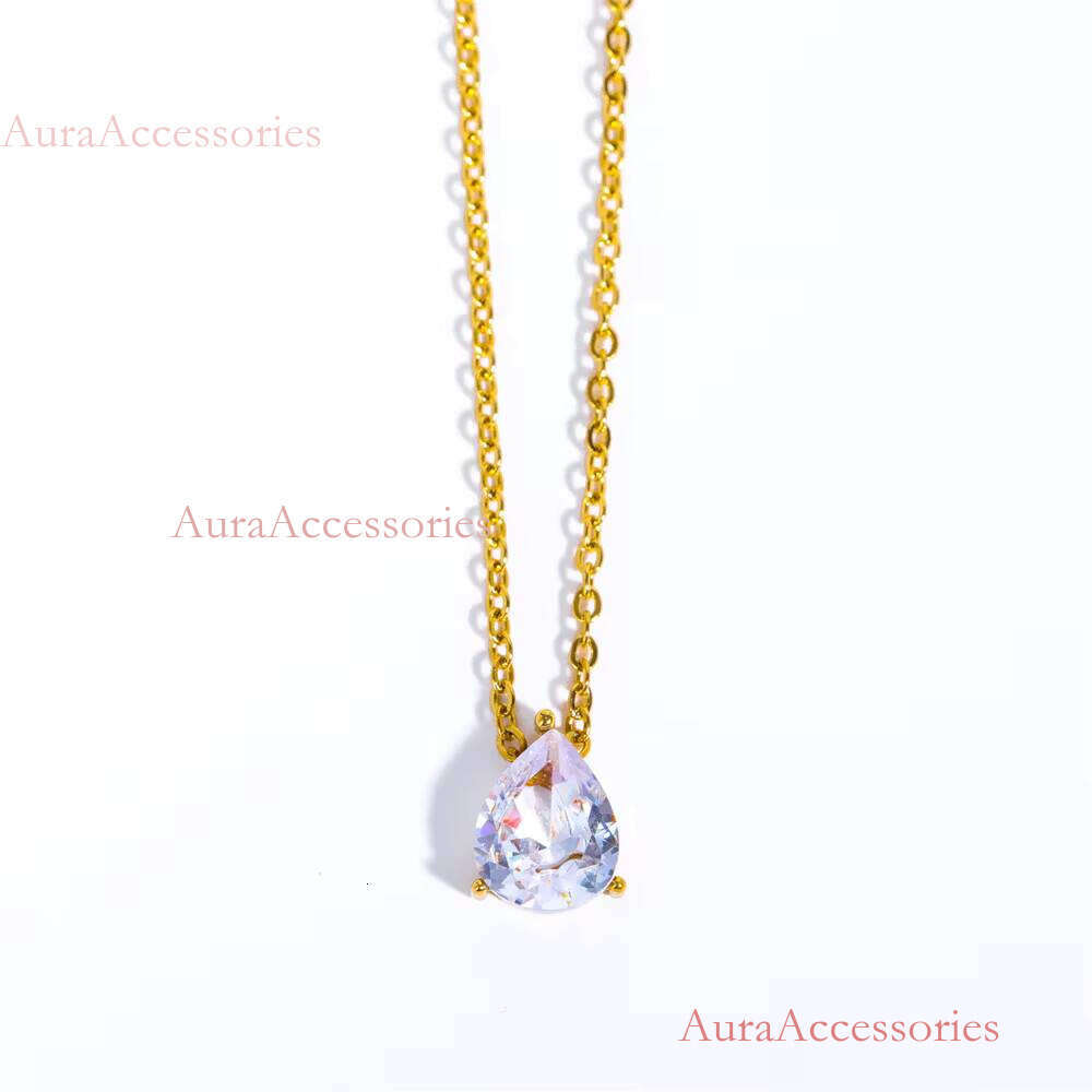 High End Gold Dainty Waterdrop & Oval Zirconia Stainless Steel Pendant Hypoallergenic Waterproof Necklace Fashion Jewe