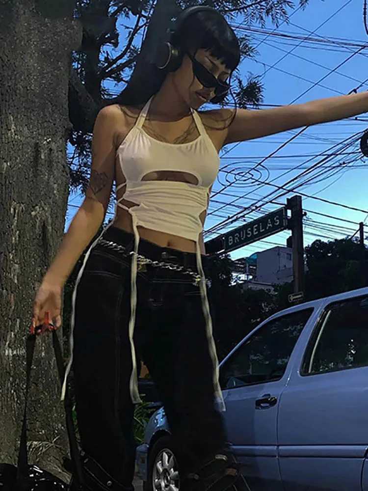 Y2K Sexy Backless Summer Crop Top Women Hollow Out White Sleeveless Bandage Halter Tank Tops Streetwear Cami 90s M250513