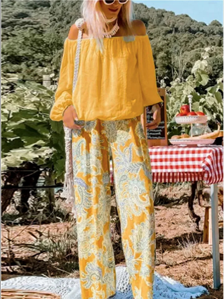 Two piece set of oversized womens spring and autumn elegant simple vacation style loose shoulder solid color printed pants 250427